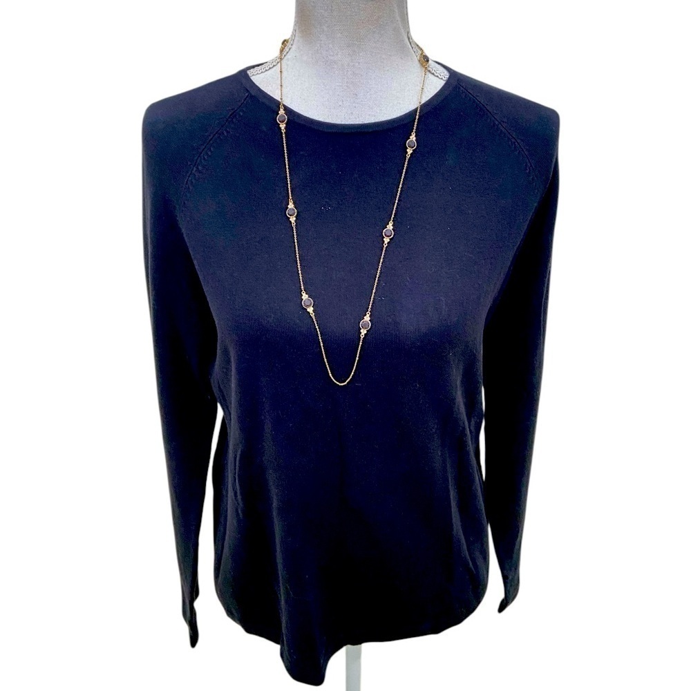 Ann Taylor gold tone delicate long necklace faceted black round beads marked